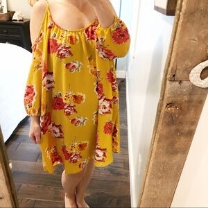Wilde large floral mustard cold shoulder dress